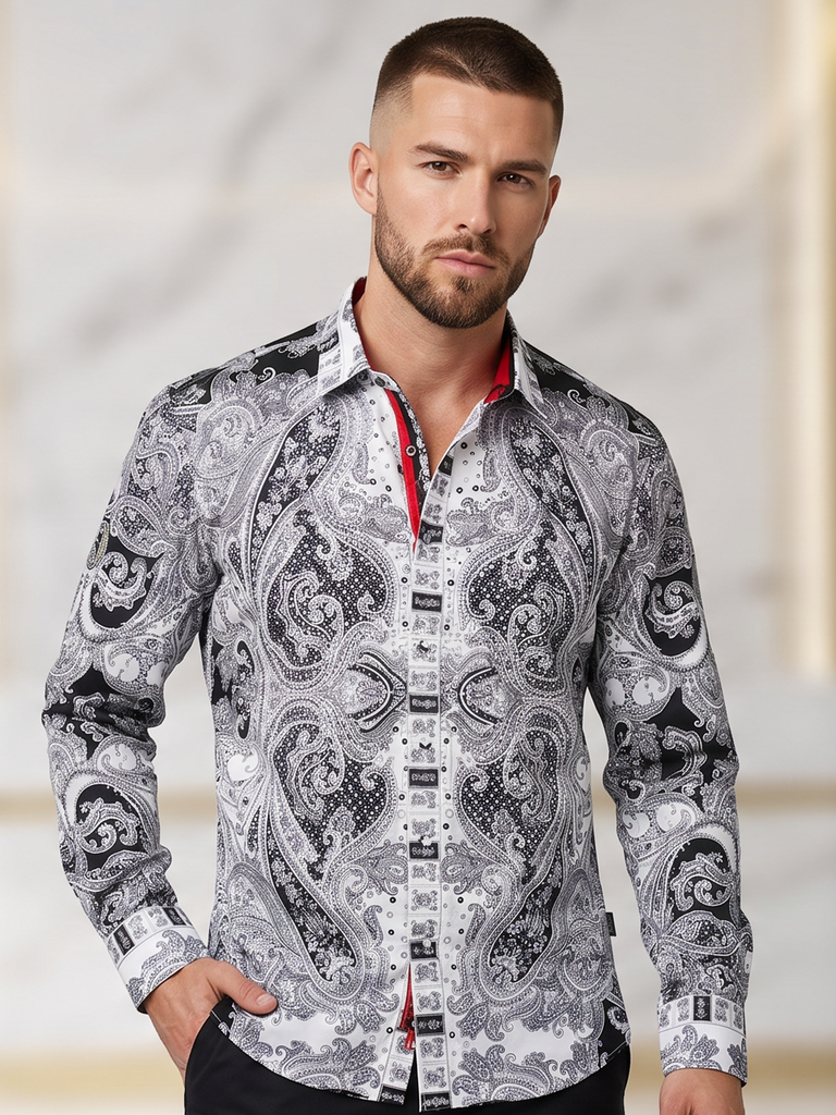 BARABAS Luxury Statement Shirt BSSPR10 White– SLIM FIT Stretch Rhinestone-Print