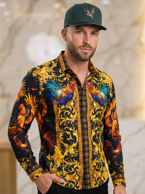 BARABAS Luxury Statement Shirt BS5SPR10 Black– SLIM FIT Stretch Rhinestone-Print