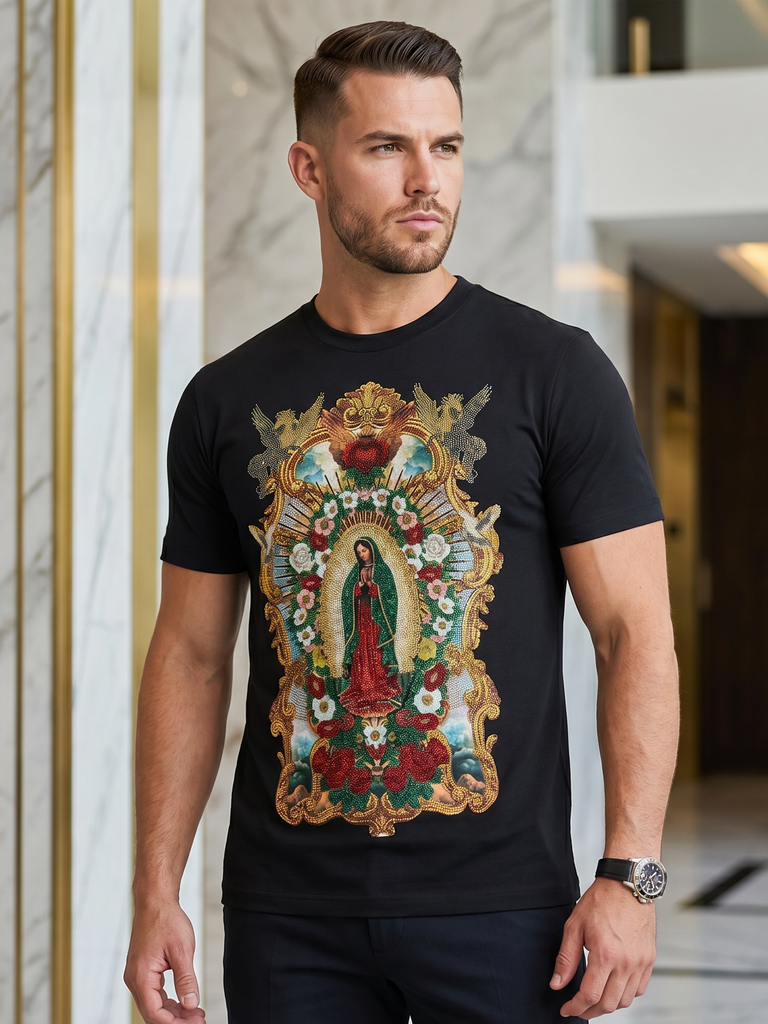 BARABAS Premium La Virgen BS6TR01 Black Rhinestone T-Shirt – Slim Fit Luxury Designer Tee 