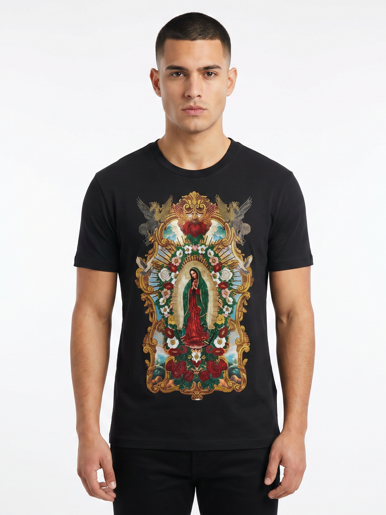 BARABAS Premium La Virgen BS6TR01 Black Rhinestone T-Shirt – Slim Fit Luxury Designer Tee 