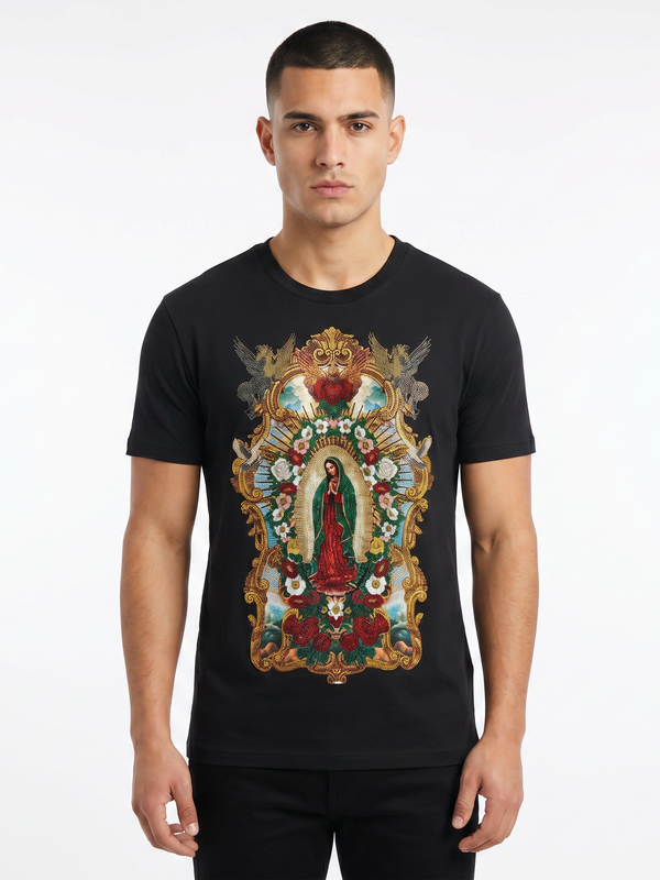 BARABAS Premium La Virgen BS6TR01 Black Rhinestone T-Shirt – Slim Fit Luxury Designer Tee 