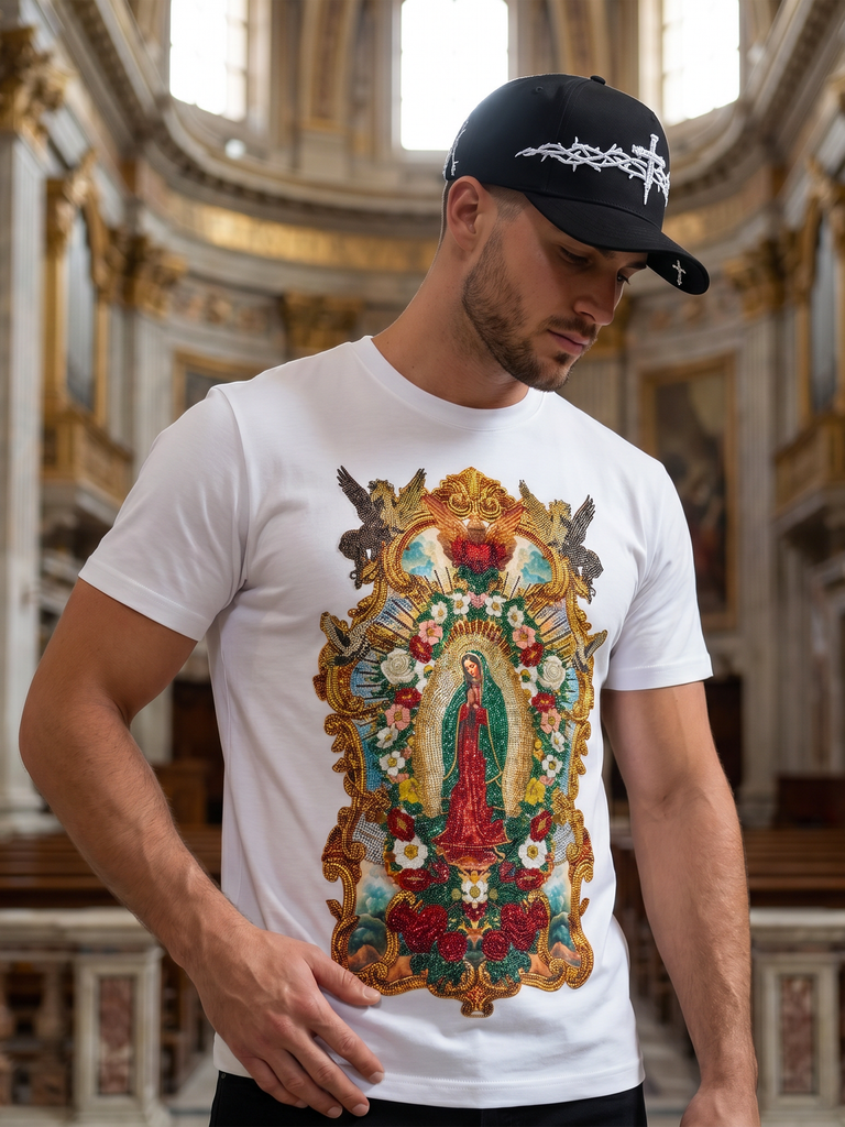 BARABAS Premium La Virgen BS6TR01 White Rhinestone T-Shirt – Slim Fit Luxury Designer Tee 
