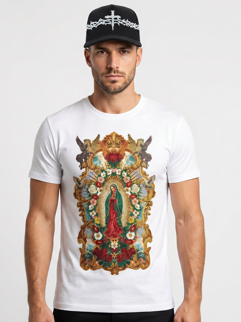 BARABAS Premium La Virgen BS6TR01 White Rhinestone T-Shirt – Slim Fit Luxury Designer Tee 