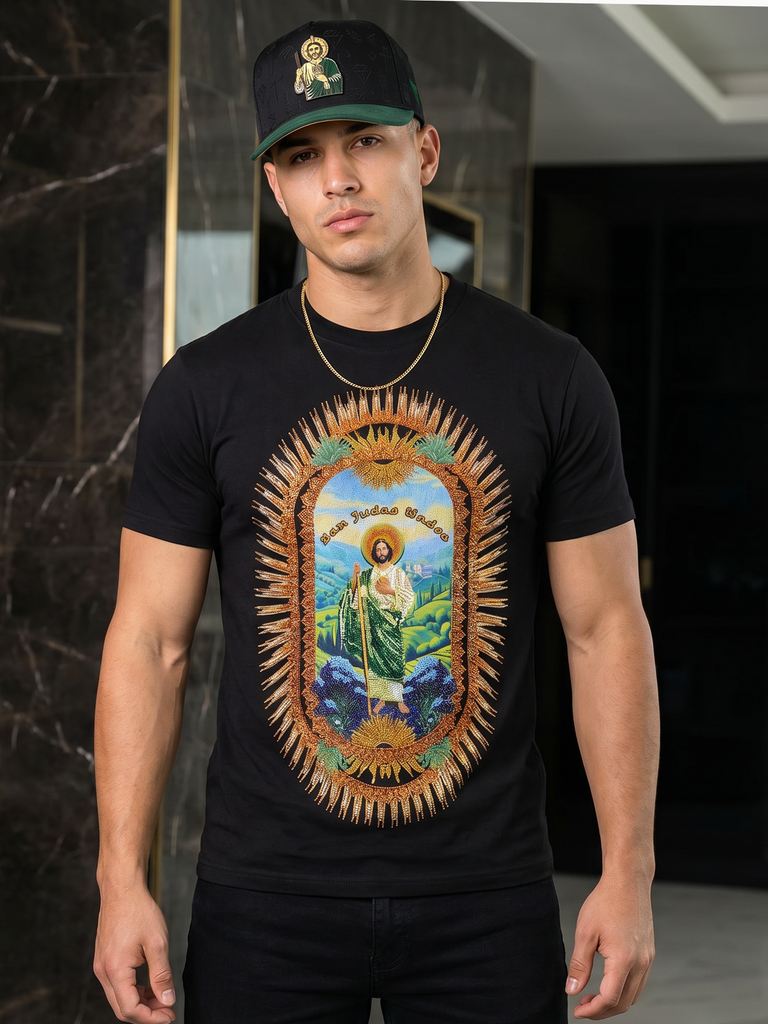BARABAS Premium San Judas Tadeo BS6TR04 Black Rhinestone T-Shirt – Slim Fit Luxury Designer Tee 