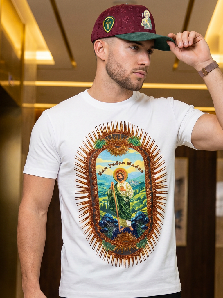 BARABAS Premium San Judas Tadeo BS6TR04 White Rhinestone T-Shirt – Slim Fit Luxury Designer Tee 