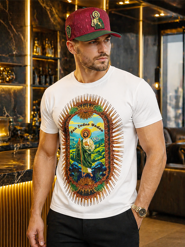 BARABAS Premium San Judas Tadeo BS6TR04 White Rhinestone T-Shirt – Slim Fit Luxury Designer Tee 