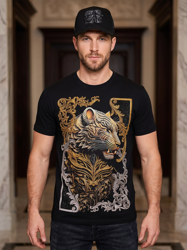 BARABAS Premium El Tigre BS6TR08 Black Rhinestone T-Shirt – Slim Fit Luxury Designer Tee 