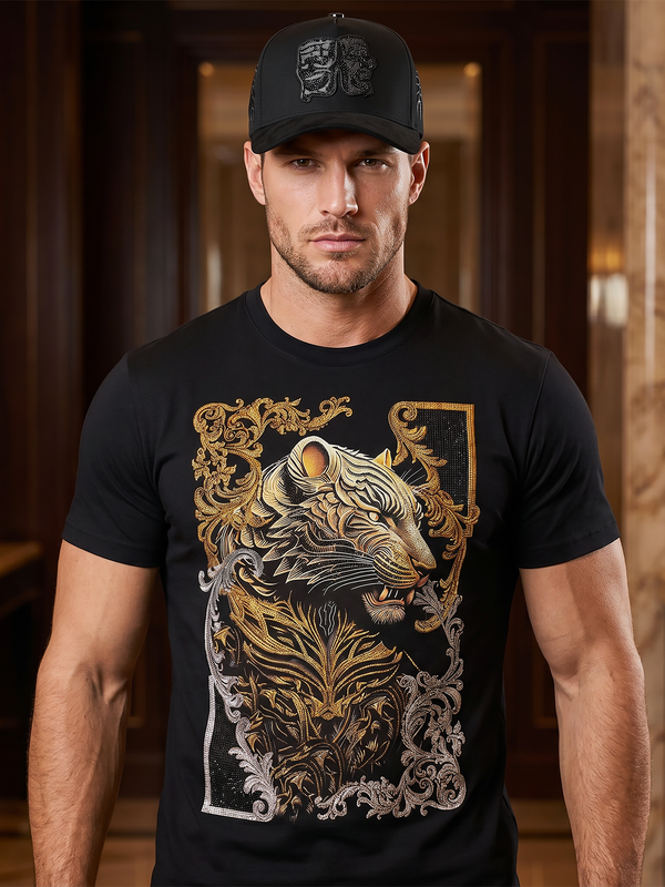 BARABAS Premium El Tigre BS6TR08 Black Rhinestone T-Shirt – Slim Fit Luxury Designer Tee 