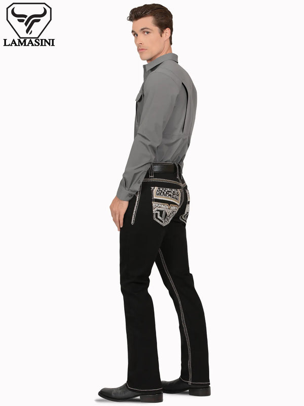 Pantalón para Hombre de Mezclilla Vaquero LAMASINI (HEAVY DENIM) LM12106 Negro