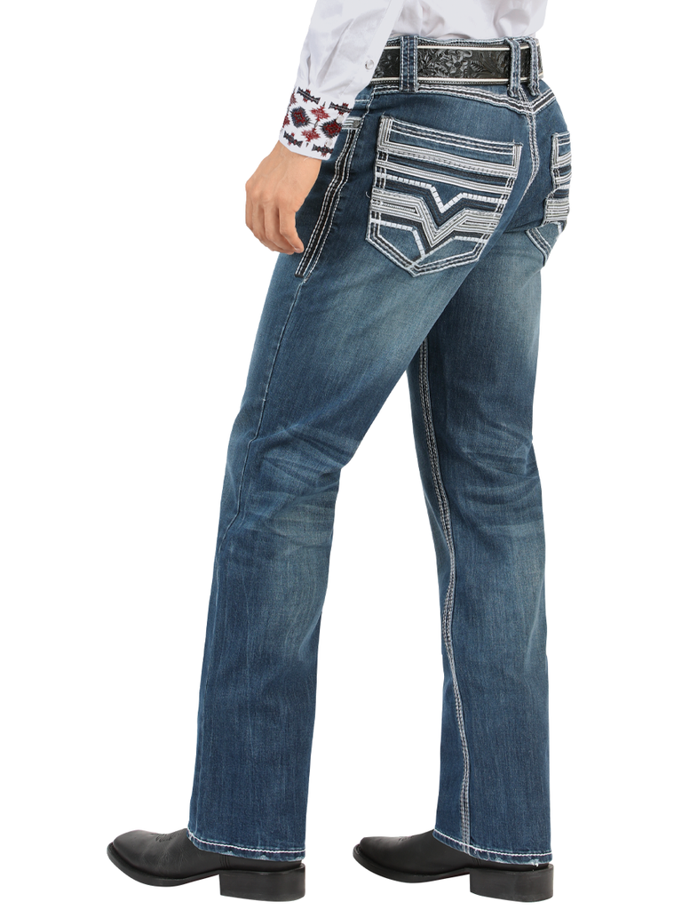LM26502 Medium Blue Jeans – Straight Cut with Contrast Embroidery and Stonewash Finish