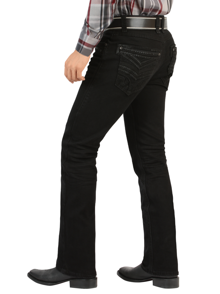 LM26503 Black Jeans - Straight Cut with Embossed "Black on Black" Embroidery