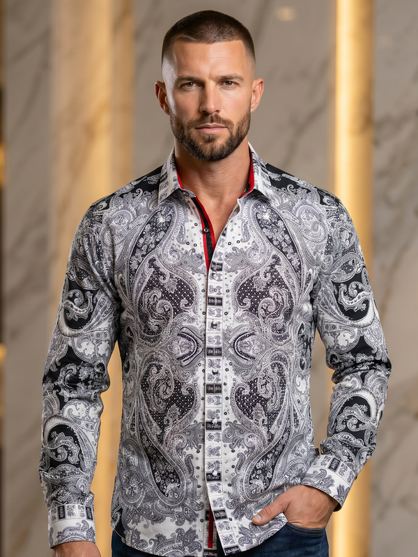 BARABAS Luxury Statement Shirt BSSPR10 White– SLIM FIT Stretch Rhinestone-Print