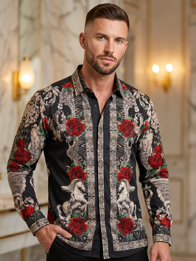 BARABAS Luxury Statement Shirt BS3SPR418 Black– SLIM FIT Stretch Rhinestone-Print