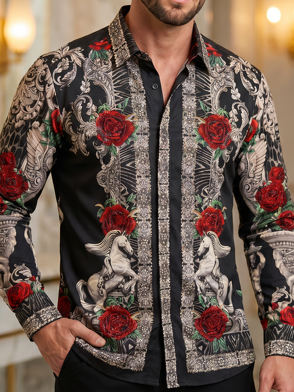 BARABAS Luxury Statement Shirt BS3SPR418 Black– SLIM FIT Stretch Rhinestone-Print