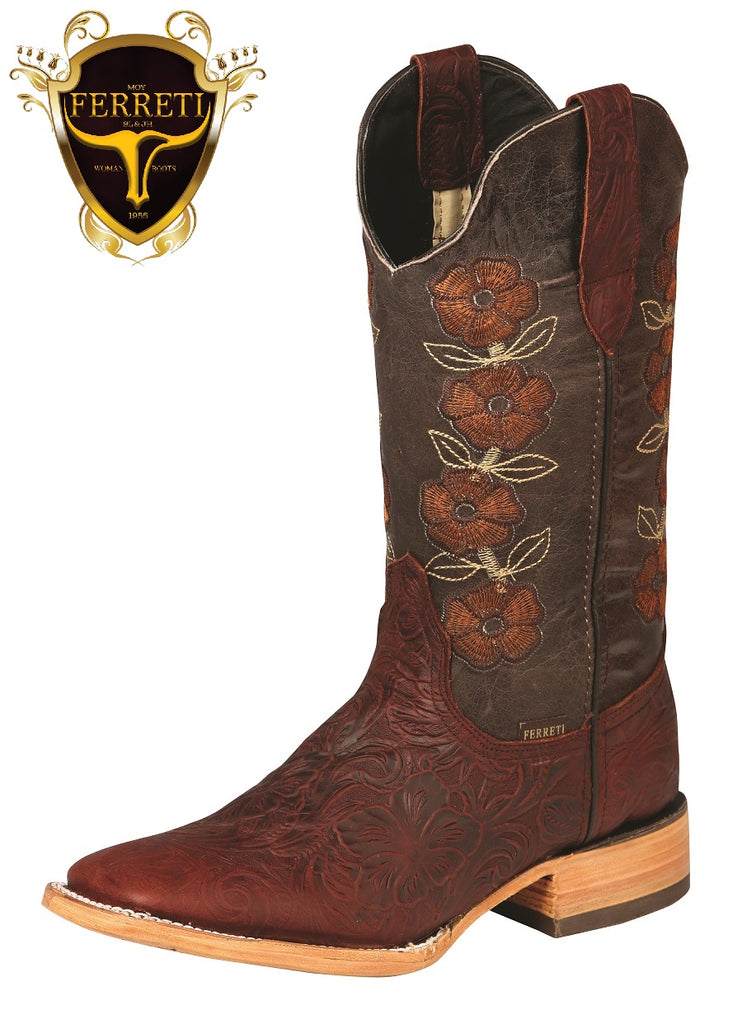 FERRETI Engraved Cowboy Boot for Lady Original Bulldog Last E12-1005 Wine